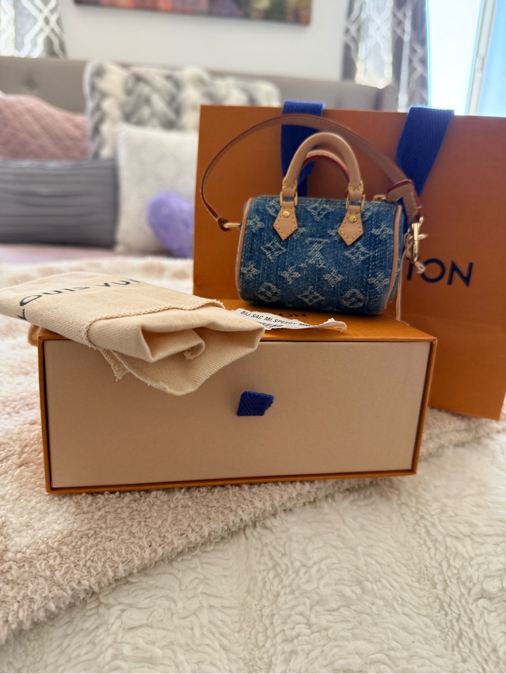 Louis Vuitton Blue Denim Mini Bowling Bag with Tan Leather Trims